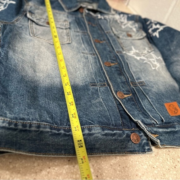Billionaire Boys Club Button Up Denim Jacket Stars Faded Wash Distressed Collar - Picture 12 of 16